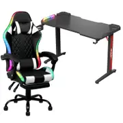 Advwin 120cm Black Gaming Desk RGB LED Light & Gaming Chair with Footrest LED Light White