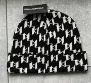 Karl Lagerfeld Paris Monogram Wool Blend Beanie Black White NWT