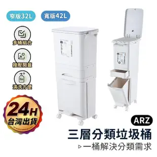 【ARZ】可移動三層縫隙垃圾桶 32L(按壓式 分類垃圾桶 廚餘桶 資源回收桶)