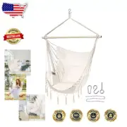 Comfortable Hanging Rope Swing Hammock Chair - Indoor/Outdoor Beige 350 lbs