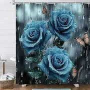 Xguatan Blue Rose Shower Curtain, Butterfly Bathroom Curtains, Raindrops Blooming Floral Flowers Waterproof Polyester Fabric Bathtub Curtain Decor with 12 Hooks, 72X72 Inch