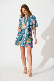 Monte Carlo Shirt Dress Half Sleeve in Green/Blue Teal Multi Stamp Print Linen Blend 8