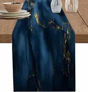 Linen Table Runner,Navy Blue Stone with Gold Stripe Dresser Scarf Kitchen Dinning Tabletop Covers Decor for Indoor Outdoor Party Holiday Wedding Abstract Marble Texture,13x90in