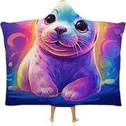 Baby Seal Colourful Cartoon Wearable Cloak Hooded Blanket Fleece Hooded Robe Cloak Arctic Velvet Warm Throw Quilt Poncho Soft Nap Blanket Novelty Blanket Air Conditioning Blanket,60"x80"