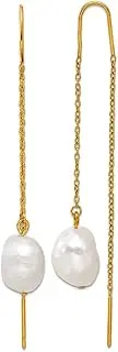 [JewelryWeb] Stainless Steel Polished Yellow Ip Freshwater Cultured Pearl Dangle Threader Earrings 53x7.5mm Wide-Dangle Earring for Women