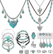 [KISS WIFE] Western Jewelry Turquoise Jewelry for Women, Vintage Silver Western Necklaces Bracelets Earrings Rings Bohemian vacation Beach Jewelry Sets Gifts for Women, Adjustable, Metal, No Gemstone