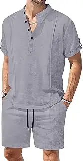 [Maiyifu-GJ] Men's Cotton Linen 2 Piece Outfits Short Sleeve Henley Shirts and Shorts Sets Summer Casual Lightweight Beach Set, Grey, Small, Grey, Small