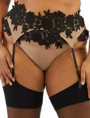 Playful Promises Alaina Mesh & Black Applique Suspender Belt PPGSB086 Suspenders
