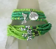 New 5 Stackable Green Bead Angel Tree of Life Christian Stretch Bracelets 7.5"
