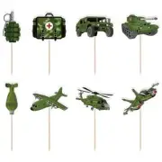 ARMY MILITARY CAMOUFLAGE 8PK CUPCAKE SET CAKE TOPPERS PARTY SUPPLIES TANK PLANE
