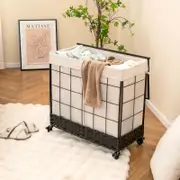 Costway 2-Section Clothes Hamper 130L Rattan Laundry Basket Mobile Laundry Sorter w/Wooden Lid & Removable Liner Bag