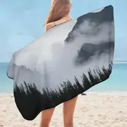Foggy Mountain and Pine Trees Microfiber Beach Towel