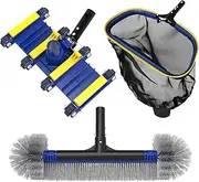 Poolvio Pool Cleaning Kit - Pool Vacuum Head with Wheels, Round Scrub Brush, Leaf Rake Net for Cleaning Leaves & Debris