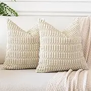 Corduroy Soft Striped Decorative Throw Pillow Covers 22x22 Inch Cushion Covers 55x55 cm Cushion Case Square Pillowcase for Couch Sofa Living Room Bed Home Boho Decor Set of 2 (Beige)