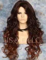Long Human hair blend Full Wig Heat OK Auburn mix Curly bang 2/30/33 WBT