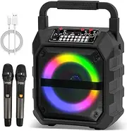 Karaoke Machine, Bluetooth Karaoke Speaker, Portable Singing Machine with 2 Wireless Microphones LED Lights for Home Party Meeting Adults Kids Supports USB/TF/AUX/REC/FM