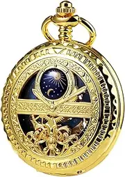 [TREEWETO] Men's Mechanical Roman Numerals Dial Sun and Moon Skeleton Pocket Watches with Box and Chains for Mens Women Black Bronze Gold Silver