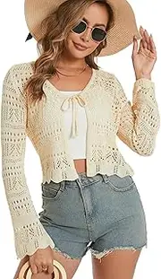 [Dosieyeo] Women's Cardigan Crochet Cardigan with Tie Front V Neck Long Sleeve Jacket Lightweight Cutout Beach Cover Up