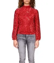 Sanctuary All Nighter Mock Neck Sequin & Velvet Blouse Rouge Red Size S (US 4-6)