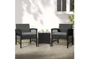 Gardeon 3PC Outdoor Bistro Set Patio Furniture Wicker Dining Chairs Table Cushion Black