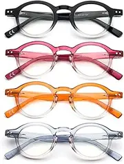 KoKoBin 4-Pack Small Round Reading Glasses Comfortable Readers Colored Stylish Frame for Women