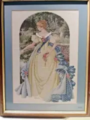 Queen Anne. Pearls lady Cross Stitch Needle Point Folk Art Needlepoint framed