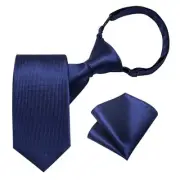 Boys Adjustable Tie and Pocket Square Pre-tied Zipper Necktie Solid Navy Blue