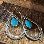 Boho Hippie Cowgirl Western Stamped Turquoise Teardrop Silver Earrings, Gift Box