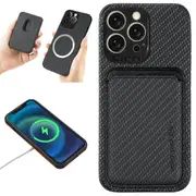 For Apple iPhone 15 Pro MagSafe Card Holder, Carbon Fiber, Detachable Magnetic Wallet Slot Case Cover (Black)
