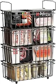 UMDONX Set of 4 Freezer Baskets, Black, Handle, Stackable Freezer Baskets, Quick Overview, Easy Access, for 198 L Deep Freezer, Organise Frozen Ingredients (37 x 18 x 15 cm)