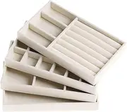 [Kitchenmore] Jewellery Drawer Organiser Insert, Stackable Velvet Jewellery Storage Tray Divider,Set of 4 Beige
