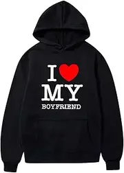[bawilom] I Love Boyfriend Hoodies for Women Love Heart Print Sweatshirt Oversized Funny Letter Print Pullover Top with Pocket