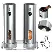 Rechargeable Electric Salt and Pepper Grinder Set with Base,Automatic Stainless Steel Pepper Mill Grinders with 110ml Container Adjustable Coars