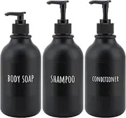 Segbeauty Matte Black Shampoo Dispenser, 3pcs 16.9oz Refillable Press Pump Bottle with Labels, 500ml Empty PET Bathroom Container Dispenser for Conditioner Body Soap Hand Liquid Gel SBFBA160857_3X