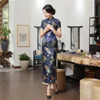 在飛比找Yahoo!奇摩拍賣優惠-全館免運 新款 女短袖 唐裝旗袍 菊花長旗袍 深藍色 可開發