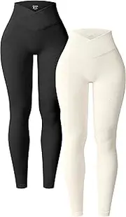[OQQ] Women's 2 Piece Yoga Leggings Ribbed Seamless Workout High Waist Cross Over Athletic Exercise Leggings