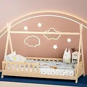 Artiss Kids Single Bed Frame with 13 Study Slats, Wooden Baby Beds Base with Fence, Timber House Platform for Toddler Girls Child, Easy Assemble Floor Bed Oak