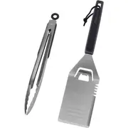2 Piece Tool Set - Tongs and Grill Spatula for Outdoor Grill - Stainless Steel BBQ Set with Ergonomic Handles and Bottle Opener - BBQ Tools