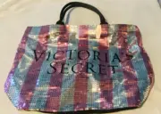 Victoria’s Secret Pink & Silver Sequin Stripe Weekender Tote Bag Limited Ed NEW