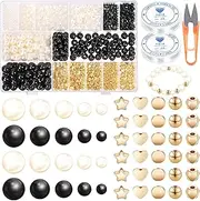 Swpeet 753Pcs 2 Colors 4/6/8/10/12mm Pearl Bracelet Making Kit Includes 500Pcs Black/White Perforated Pearls, 250Pcs Spacer Beads, 2Pcs Elastic Strings, 1Pc Scissors for DIY Jewelry Beading Necklace