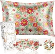 Miss Adola Mulberry Silk Pillow Case for Hair and Skin 19 Momme Standard 26"x20" Cartoon Daisy Silk Pillowcase with Eye Mask & Scrunchie Soft Silk Pillowcase Sleeping for Moms, Women