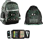[PASO] 3-Piece School Set: Children's Backpack + Gym Bag + Filled Pencil Case – Game – Black/Green