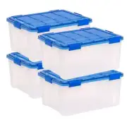 IRIS Storage Bins 23.6"W 4-Pack Stackable Plastic Rectangle Detached Clear/Blue