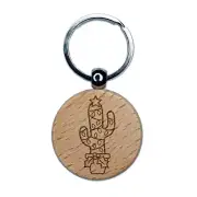 Christmas Cactus with Lights Star Engraved Wood Round Keychain Tag Charm