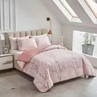 Pink Branch Floral Bedspread Quilted Coverlet Patchwork Comforter Set Queen Size