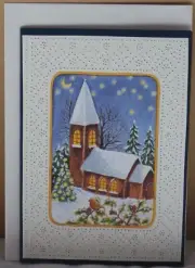 Christmas Snow-falling on Church House Completed Handcrafted Card #C107