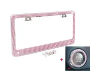 Bling Pink Crystal Rhinestone Metal License Plate Frame+Pink Ring Emblem+Caps