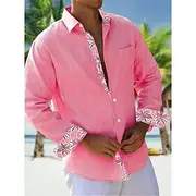 Men's Shirt Summer Shirt Casual Shirt Beach Shirt Button Up Shirt Yellow Pink Green Gray Long Sleeve Plain Pattern Lapel Vacation Hawaiian Button-Down Clothing