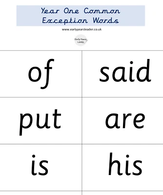Year One Common Exception Word Mat & Flashcards Vocabulary Education Age 5-6