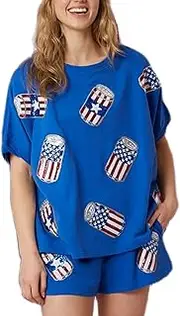 [Argeousgor] Women 4th of July Outfit Sequin American Flag T-Shirt Oversized Side Split Top Shorts Sets Two Piece Tracksuit